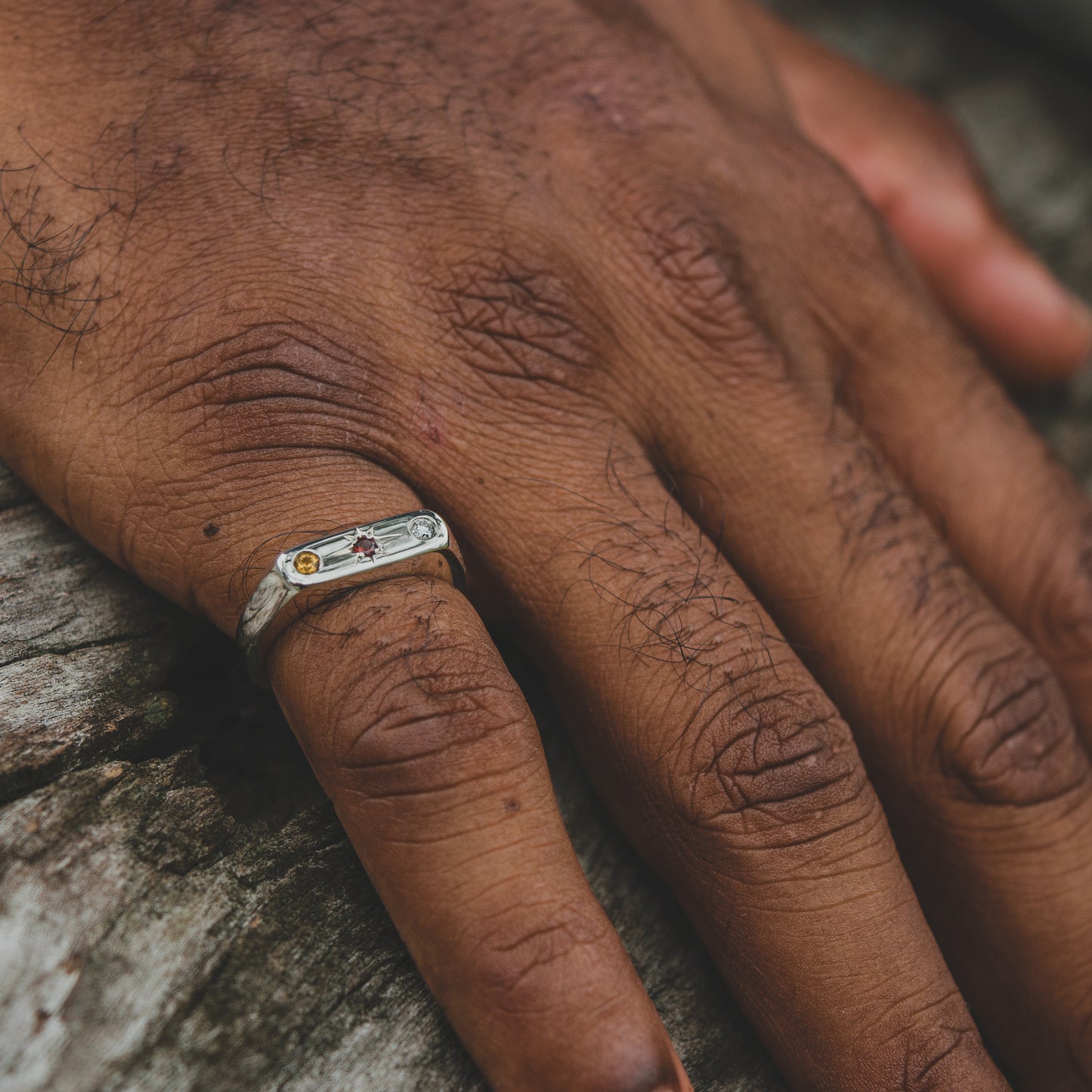 Pause signet ring. Mens pinky ring. Diamond, garnet, sapphire